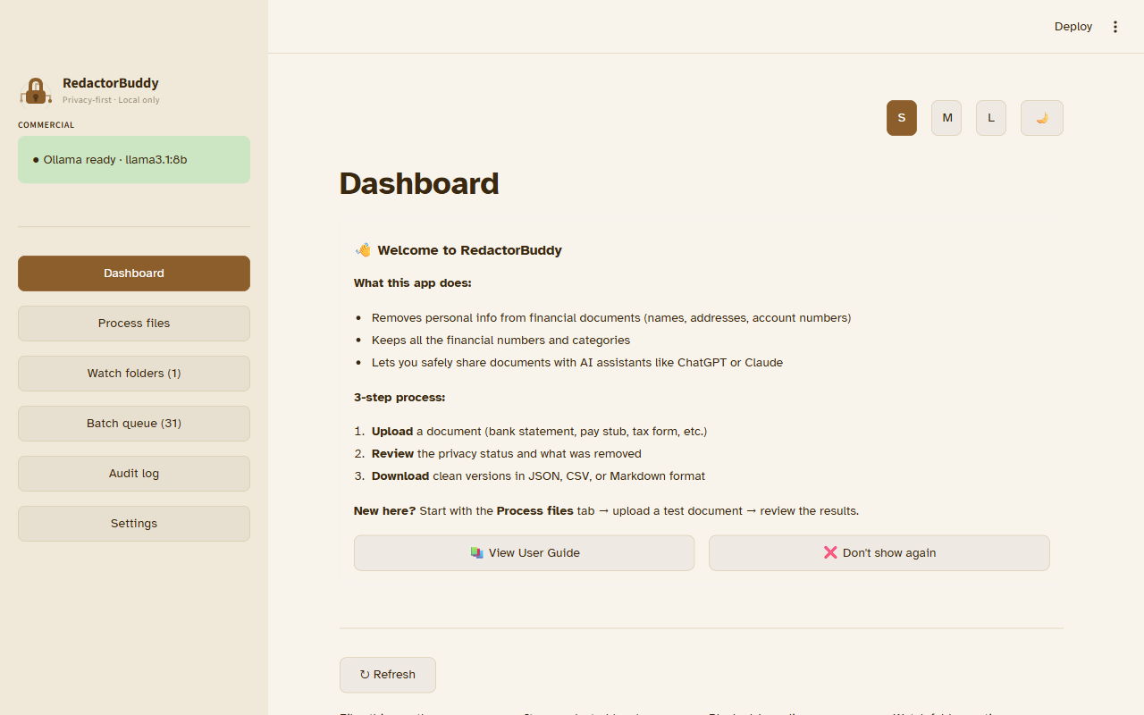 RedactorBuddy Dashboard — Paper mode, showing the sidebar navigation and welcome screen