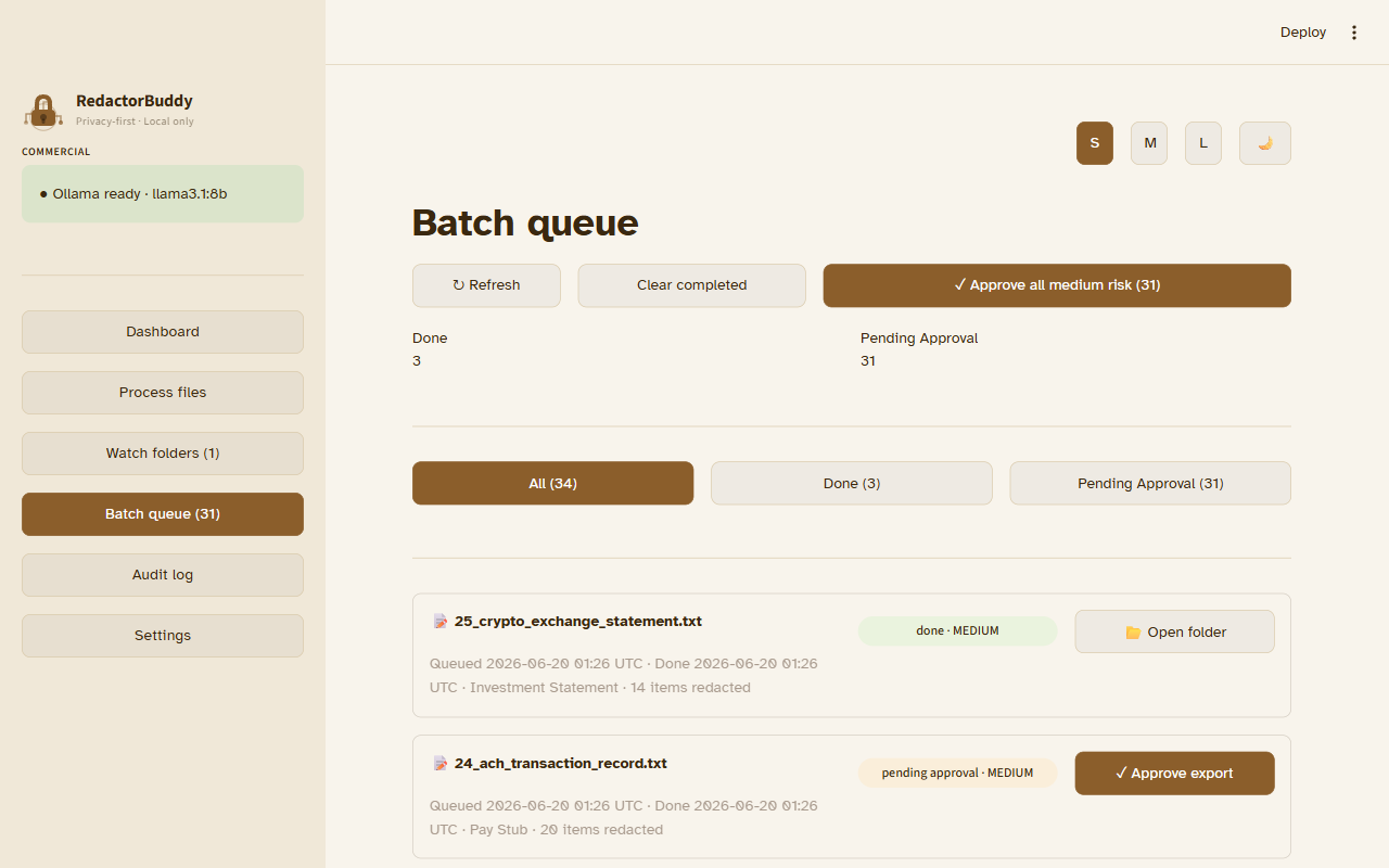 Batch queue overview showing All/Done/Pending Approval filter tabs, file list, and Approve all medium risk button