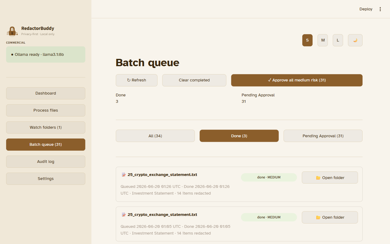 Batch queue Done filter — processed file with 'done · MEDIUM' badge and Open folder button
