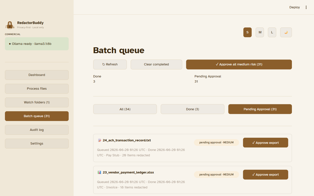 Batch queue showing processed files with MEDIUM risk status and Approve export buttons